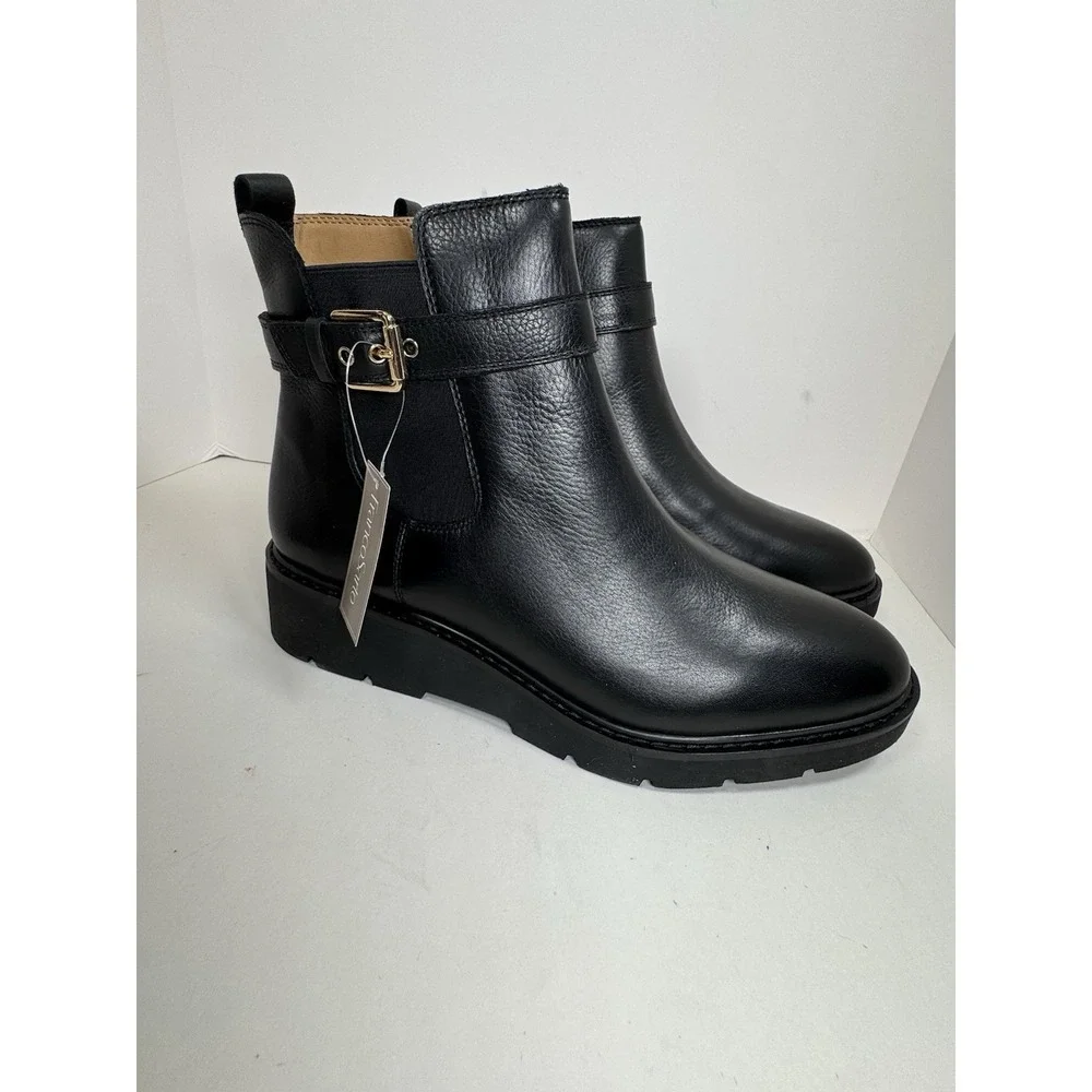 Franco Sarto Meridian Bootie Womens Size 10 Lug Sole Black Gold Buckle Fall New